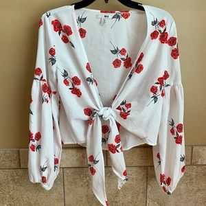 White Flower Tie Front Blouse